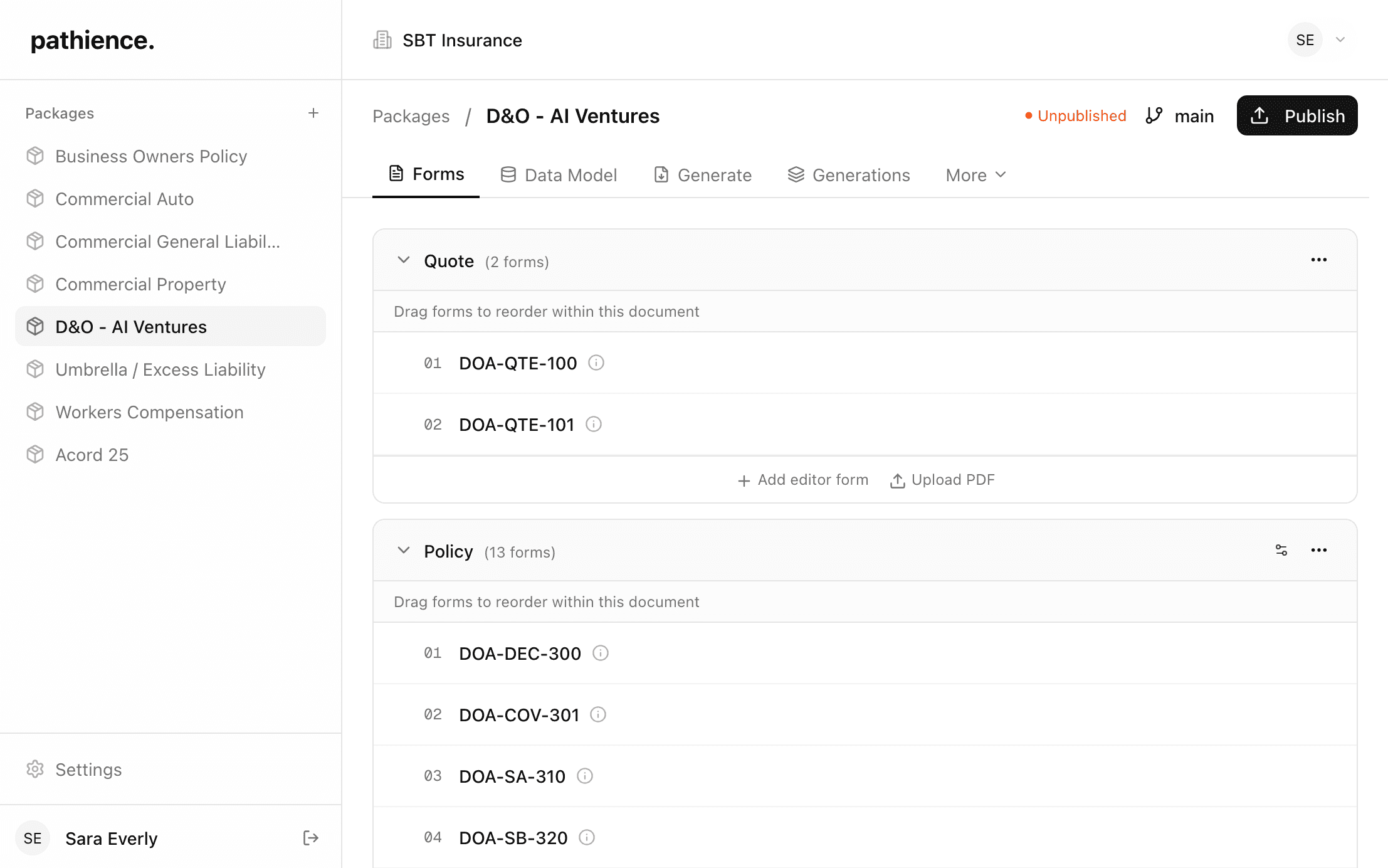 Pathience interface showing organized packages and forms