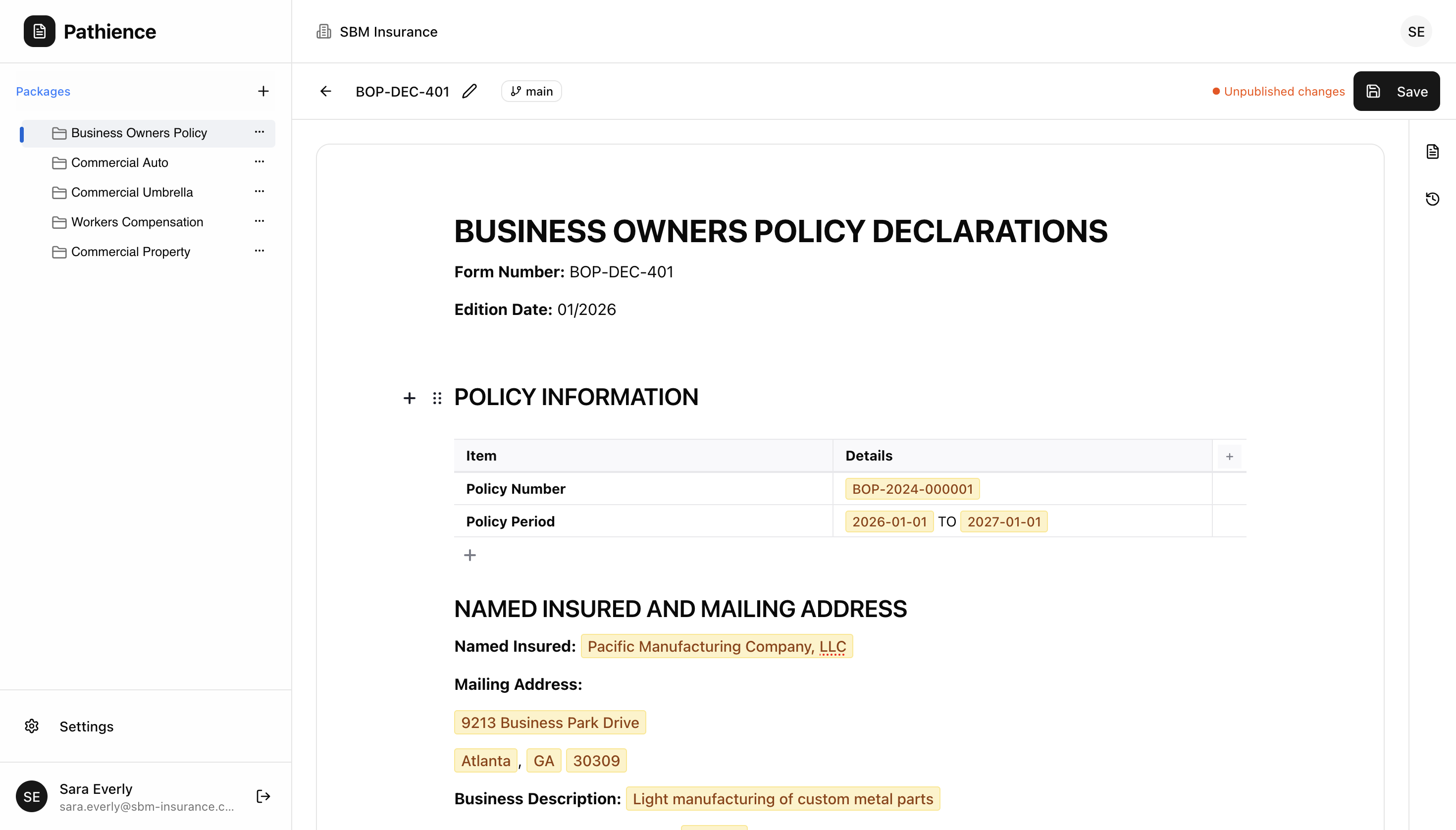 Form editor interface showing policy document editing